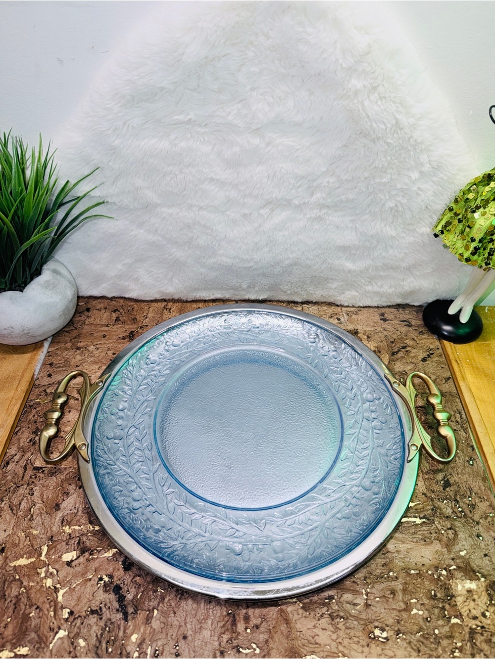 Blue Glass Cake Platter Plus Vintage Stainless Serving Tray w Brass Handles 🔥